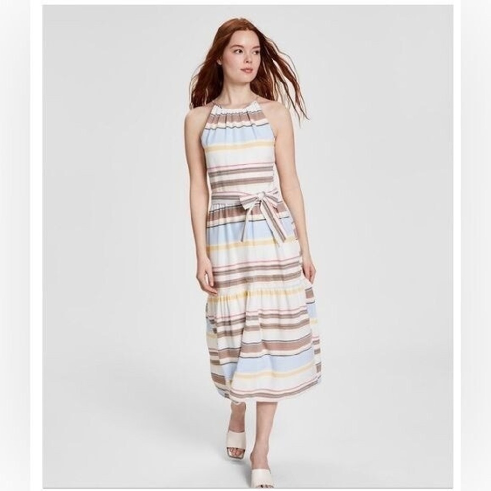 DKNY 100% Cotton Striped Halter Midi Dress Multi-Color Tiered Belted Size 10
